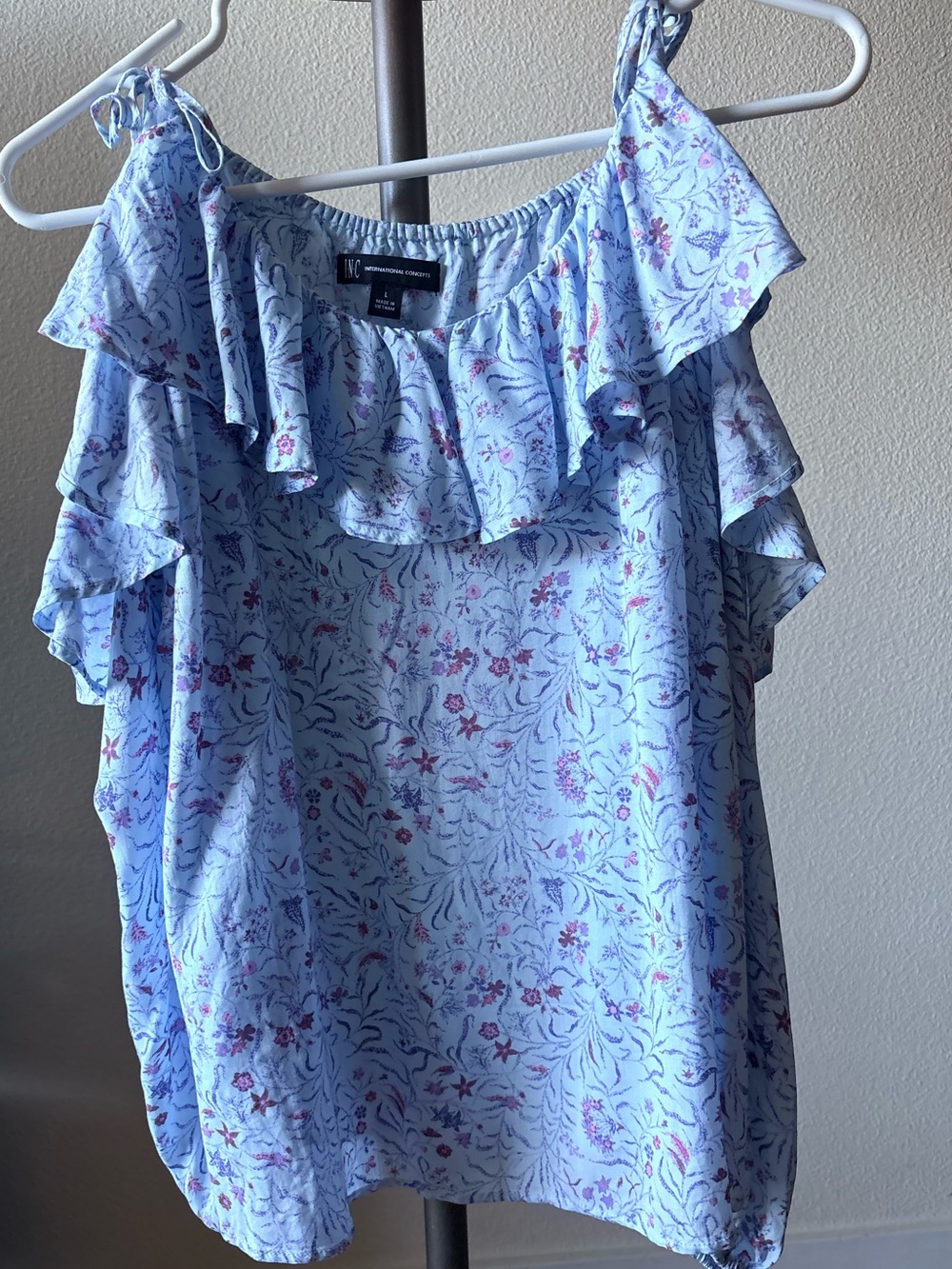 INC International Concepts Blue Floral Cold Shoulder Ruffle Blouse Size L